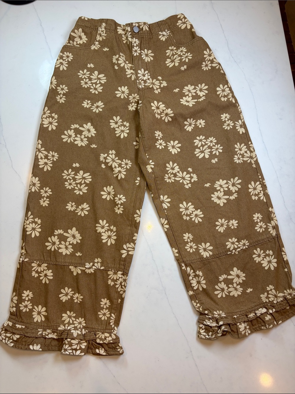 Womens Floral Ruffle Hem Pants - Brown Cream